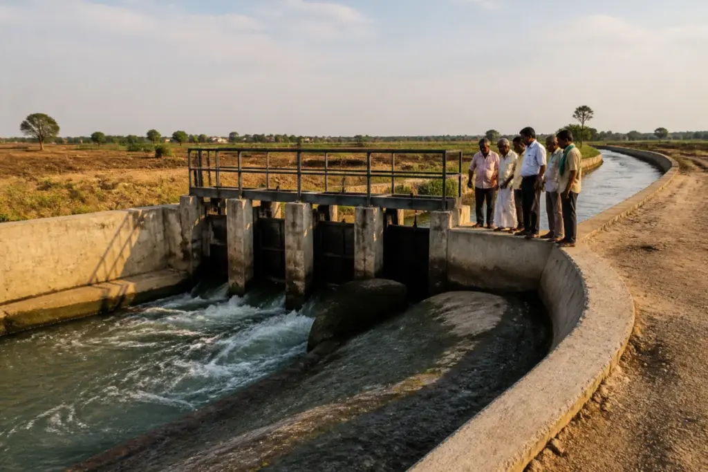 Bhadra canal water infrastructure serving farmland near Davanagere in Karnataka