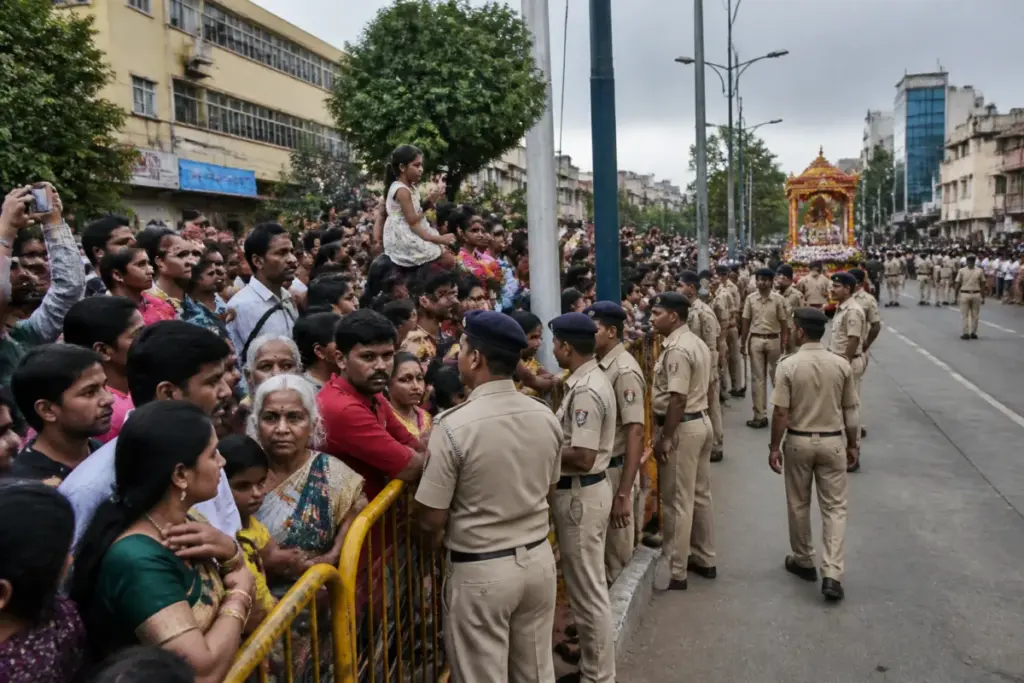 Mysuru Dasara police lathi-charge crowd-control scene near a busy procession viewing area