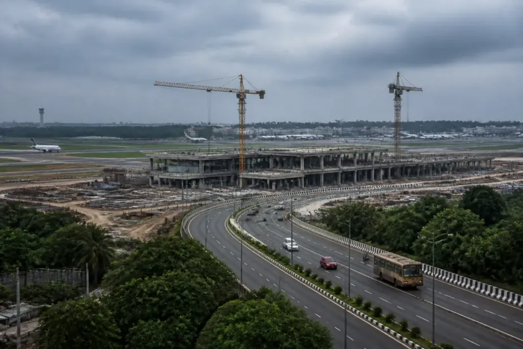 Chennai airport Terminal 5 expansion site with runways and proposed transport links