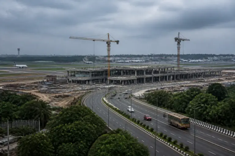 Chennai airport Terminal 5 expansion site with runways and proposed transport links