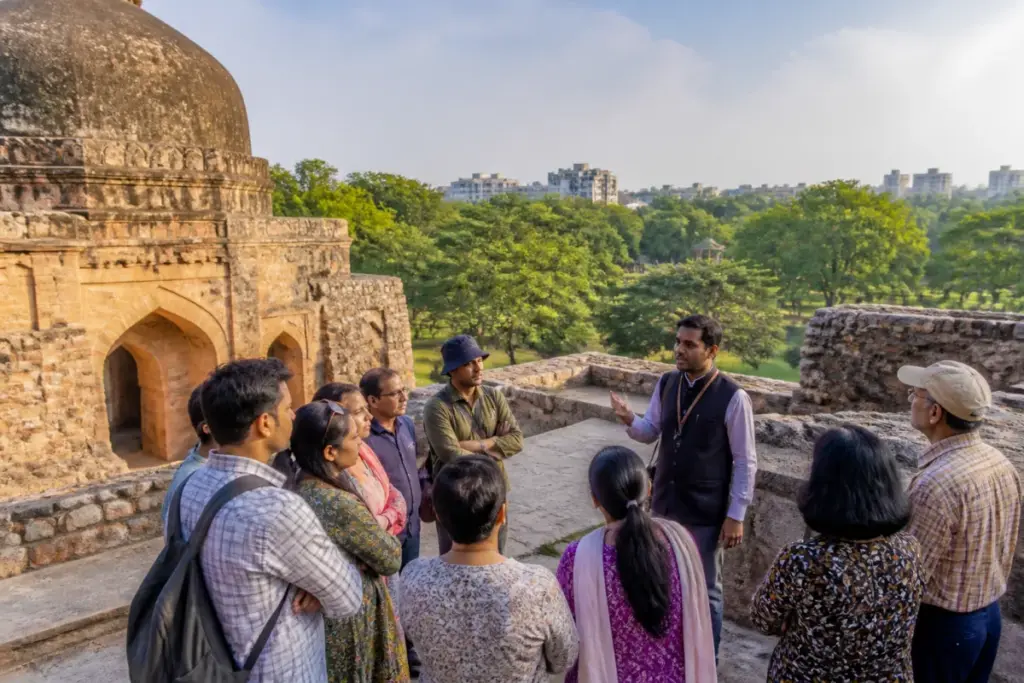 Delhi heritage walks at Mehrauli Archaeological Park among historic ruins and landscaped greenery