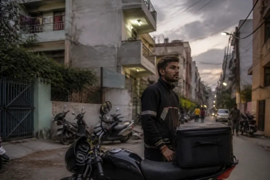 Delivery executive riding through an East Delhi neighbourhood after a reported assault case