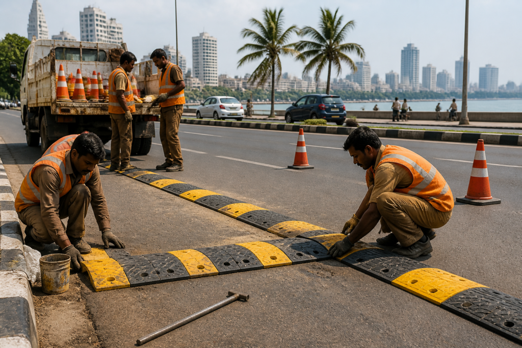 Installation of rubberised rumblers for road safety improvements in Mumbai's F/North Ward municipal area
