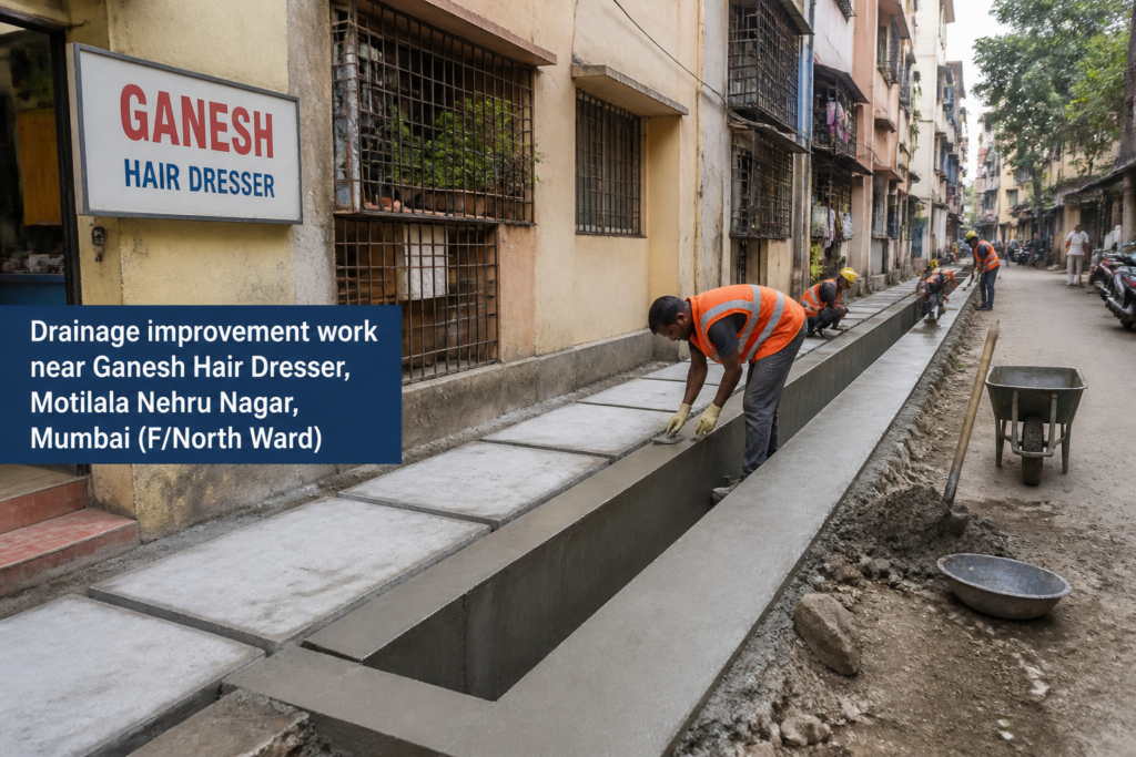 Drainage improvement work near Ganesh Hair Dresser, Motilala Nehru Nagar in Mumbai's F/North Ward