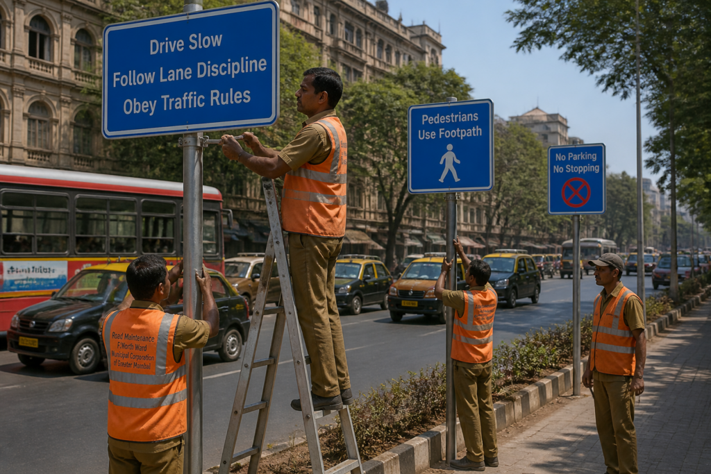 Road workers installing mandatory signboards in F/North Ward Mumbai under Government infrastructure maintenance project