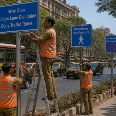 Road workers installing mandatory signboards in F/North Ward Mumbai under Government infrastructure maintenance project
