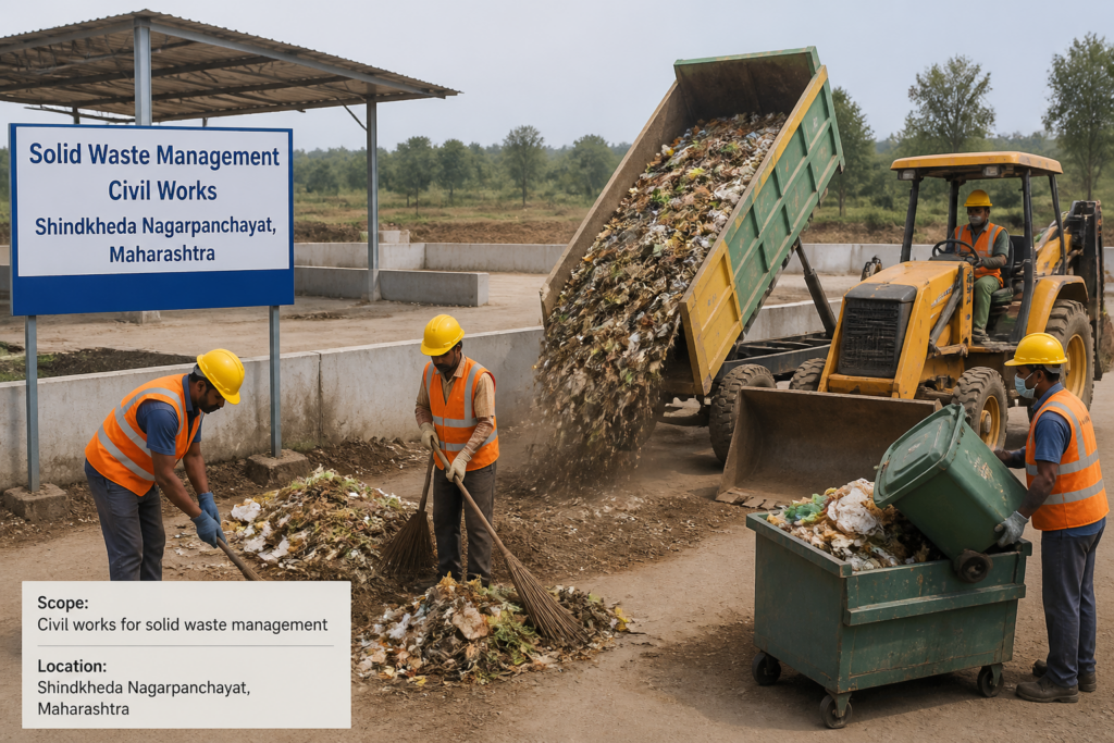 Municipal workers engaged in solid waste management civil works at Shindkheda Nagarpanchayat, Maharashtra