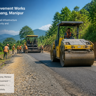 Road improvement construction works underway near Lamshang, Manipur, showing machinery and road upgrade progress