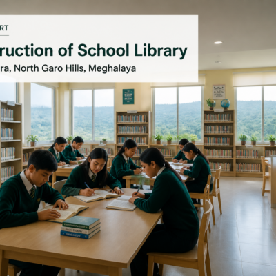 Interior view of a modern library in a Meghalaya school under construction, showing bookshelves and study areas