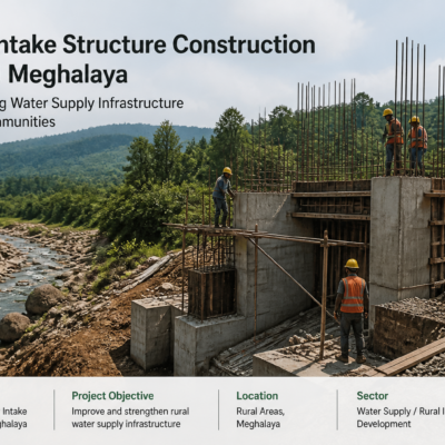 Construction site of water intake structure in rural Meghalaya for Khliehrangnah water supply project