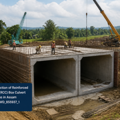 RCC Box Culvert construction site in Chirang Assam with civil works equipment and partially built structure