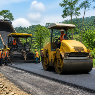 Road construction site with machinery and workers in Assam Bodoland Territorial Council area under Government of Assam tender
