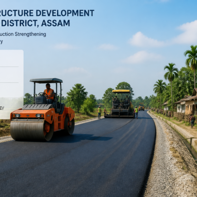 Road construction site in Baksa Assam with construction machinery and local houses, representing the tendered infrastructure project