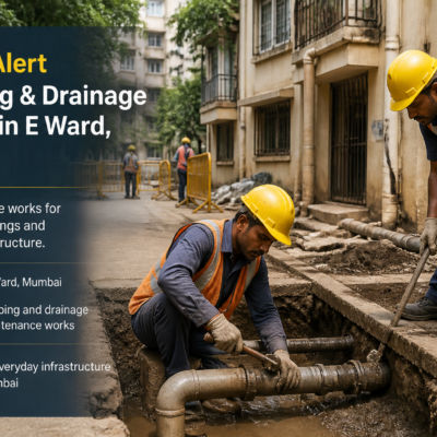 Workers repairing plumbing and drainage lines at a residential building in Mumbai's E Ward