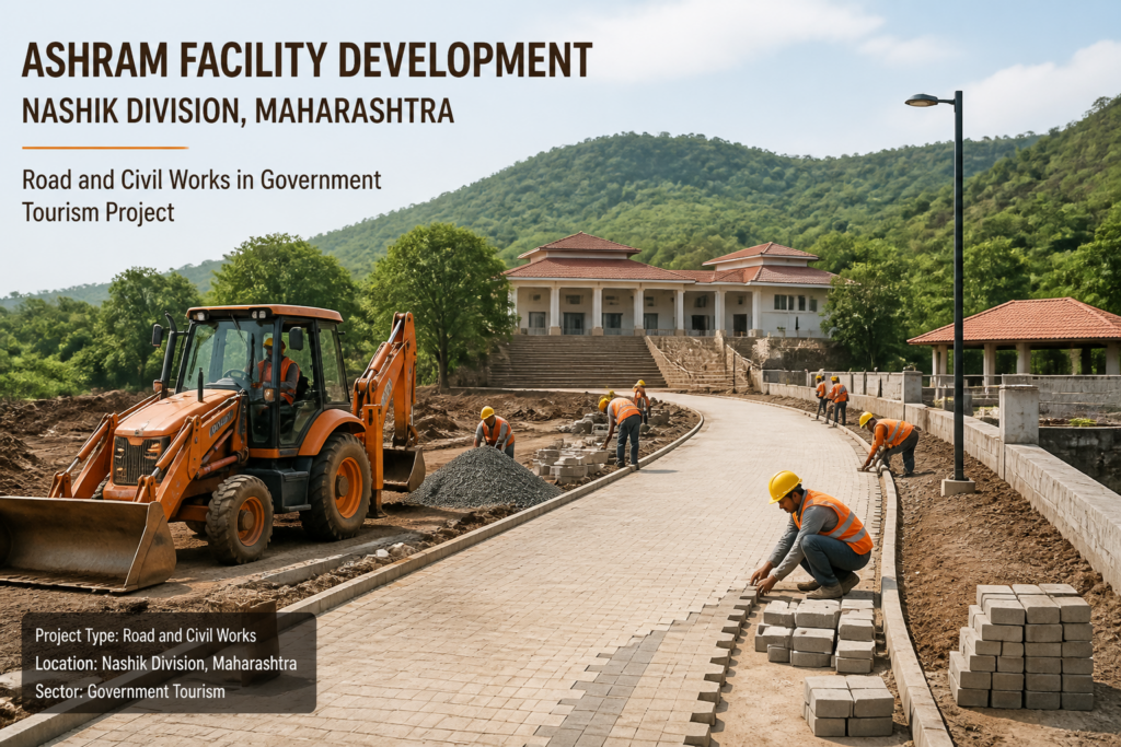 Construction and civil works at an ashram infrastructure site in Nashik division, Maharashtra