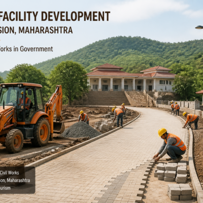 Construction and civil works at an ashram infrastructure site in Nashik division, Maharashtra