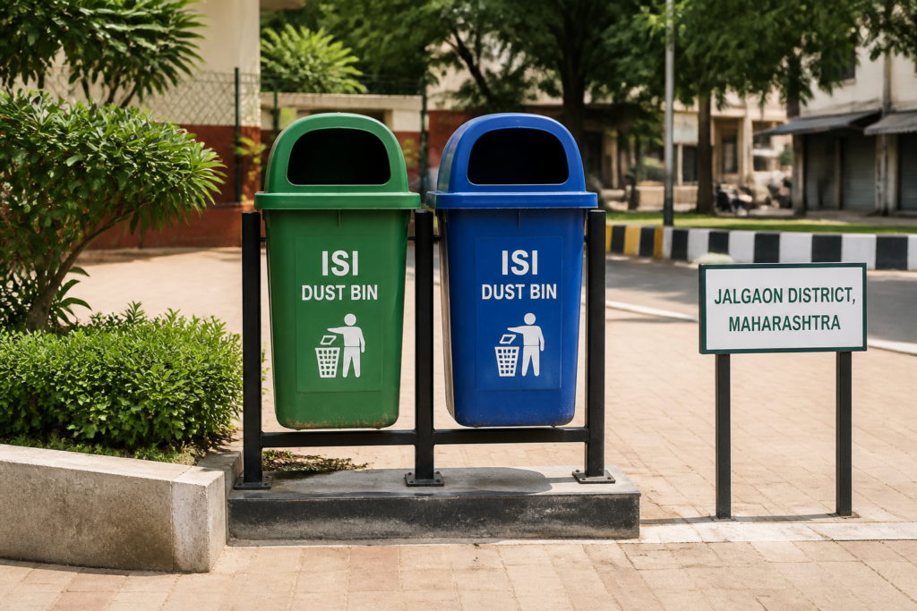 ISI marked dust bins installed in an outdoor public space in Jalgaon Maharashtra representing government sanitation infrastructure
