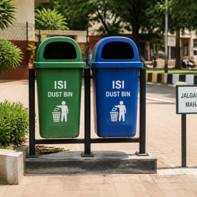 ISI marked dust bins installed in an outdoor public space in Jalgaon Maharashtra representing government sanitation infrastructure