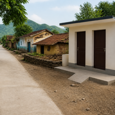 Cement concrete road and newly constructed toilet block at rural village Javkhede Sim, Maharashtra
