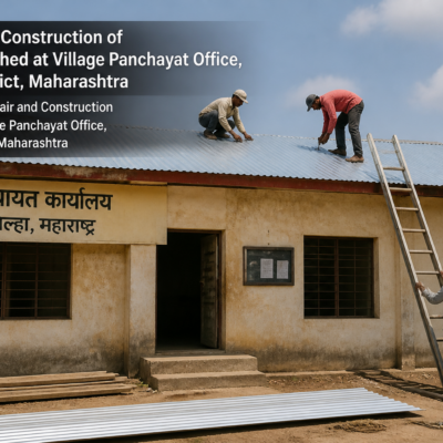 Construction workers installing galvanized iron sheets on a shed at Village Pimpalgaon BK V.P. Office in Dhule district