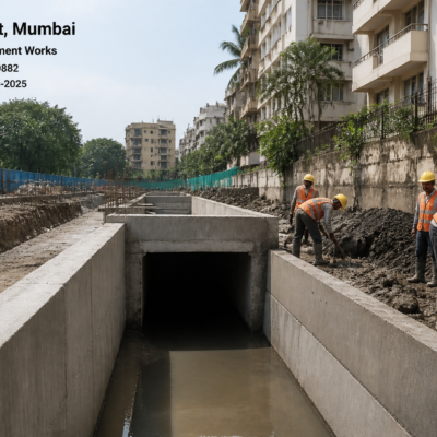 Civil engineering works on urban drainage passage near residential buildings in Bandra West Mumbai