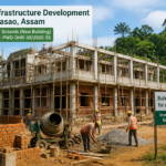 Construction site of additional classroom at J.C Nampui Memorial LP School in Dima Hasao, Assam with workers and scaffolding visible