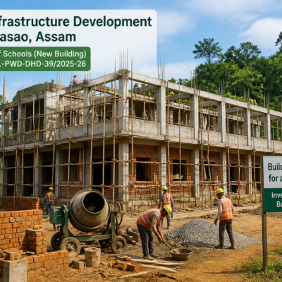 Construction site of additional classroom at J.C Nampui Memorial LP School in Dima Hasao, Assam with workers and scaffolding visible