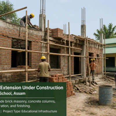 Construction site showing civil works for additional classroom at Batabori High School in Assam.