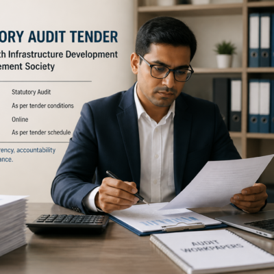 Professional auditor reviewing financial documents representing Assam Health Infrastructure Development and Management Society statutory audit tender
