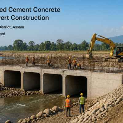 RCC box cell culvert construction site over Kaora River in Kokrajhar district, Assam