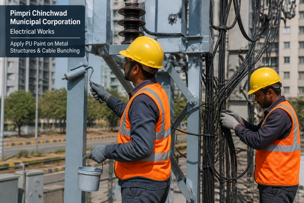 Electrical workers applying PU paint and arranging cable bunching in Pimpri Chinchwad Municipal Corporation infrastructure
