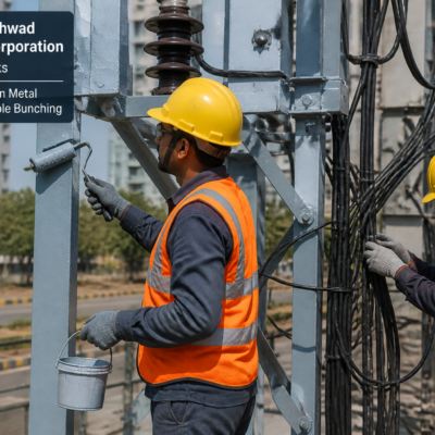 Electrical workers applying PU paint and arranging cable bunching in Pimpri Chinchwad Municipal Corporation infrastructure