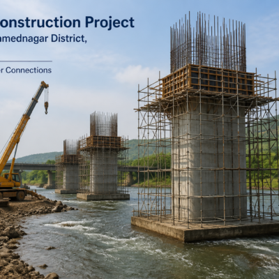 Major bridge construction project on river in Tal. Akole, Ahmednagar district, Maharashtra