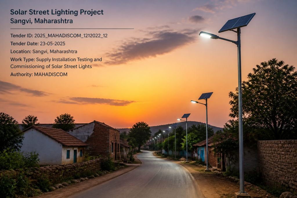 Solar street light installation on a rural road at Village Sangvi, Maharashtra illustrating renewable energy infrastructure