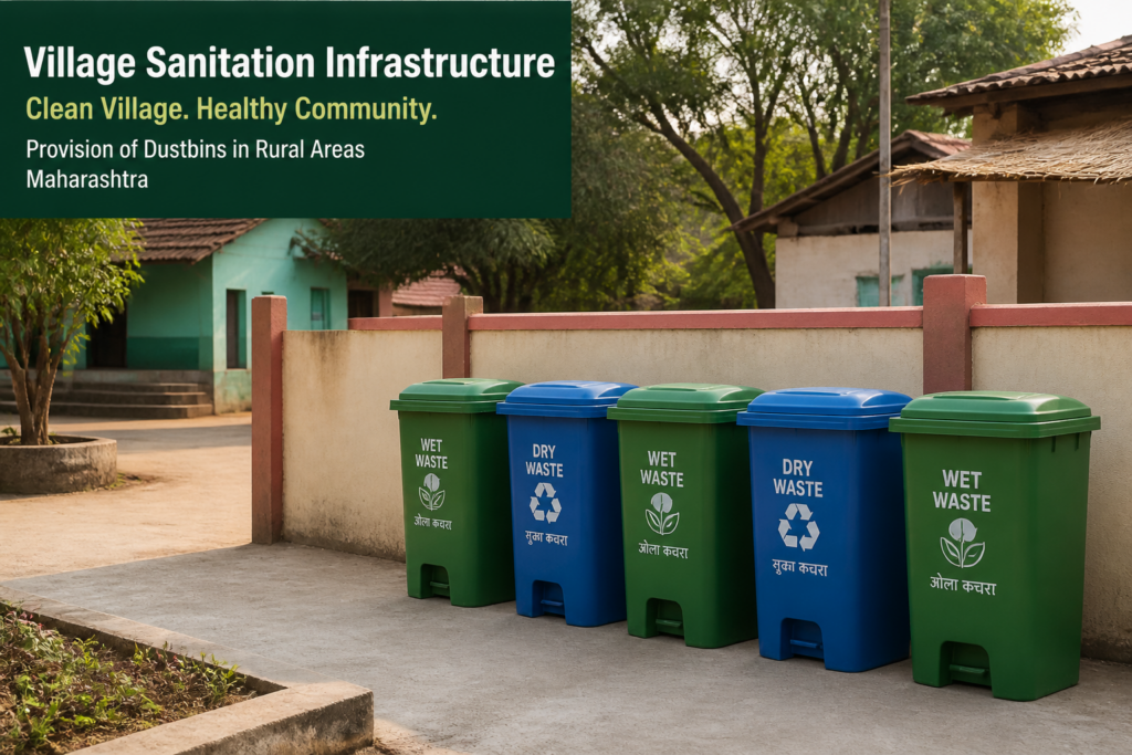 Dustbins placed in a rural village setting at Khamkheda Pra Ambe reflecting sanitation infrastructure improvements